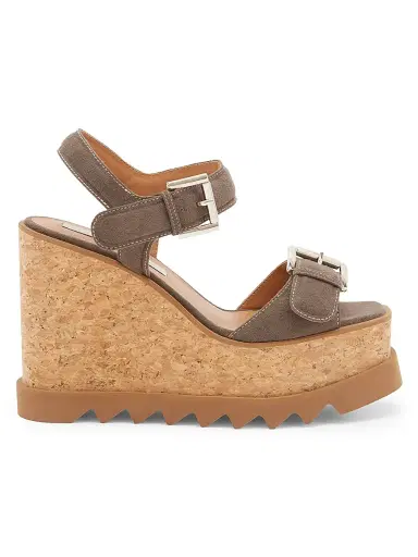Stella McCartney Women's Sneakelyse 120MM Buckle Wedge Sandals - Dark Taupe | Thumbnail 1 Stella McCartney Women's Sneakelyse 120MM Buckle Wedge Sandals - Dark Taupe | Thumbnail 1