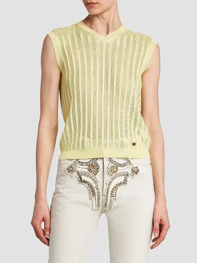 Versace Women's La Vacanza Mesh Rib-Knit Sweater Vest - Pale Yellow - Size 10 | Thumbnail 3 Versace Women's La Vacanza Mesh Rib-Knit Sweater Vest - Pale Yellow - Size 10 | Thumbnail 3