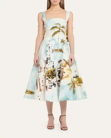 Oscar de la Renta Sleeveless Landscape-Print Poplin Midi Dress | Thumbnail 2 Oscar de la Renta Sleeveless Landscape-Print Poplin Midi Dress | Thumbnail 2