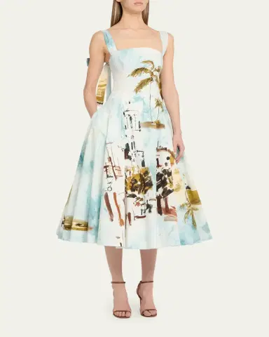 Oscar de la Renta Sleeveless Landscape-Print Poplin Midi Dress | Thumbnail 4 Oscar de la Renta Sleeveless Landscape-Print Poplin Midi Dress | Thumbnail 4