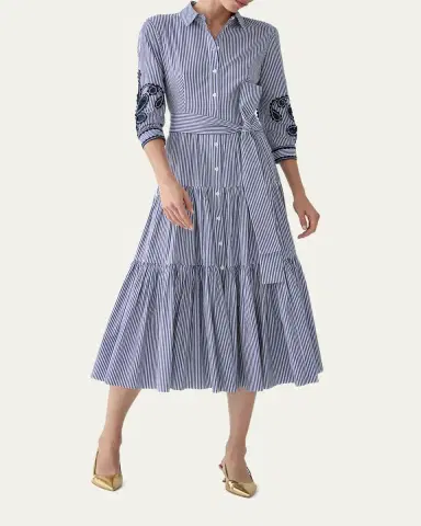 Carolina Herrera Paisley Embroidered 3/4-Sleeve Tiered Midi Shirtdress | Thumbnail 2 Carolina Herrera Paisley Embroidered 3/4-Sleeve Tiered Midi Shirtdress | Thumbnail 2
