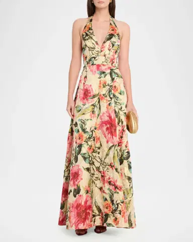 Aidan Mattox Floral Jacquard Plunging Halter Gown | Thumbnail 2 Aidan Mattox Floral Jacquard Plunging Halter Gown | Thumbnail 2