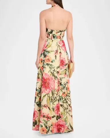 Aidan Mattox Floral Jacquard Plunging Halter Gown | Thumbnail 3 Aidan Mattox Floral Jacquard Plunging Halter Gown | Thumbnail 3