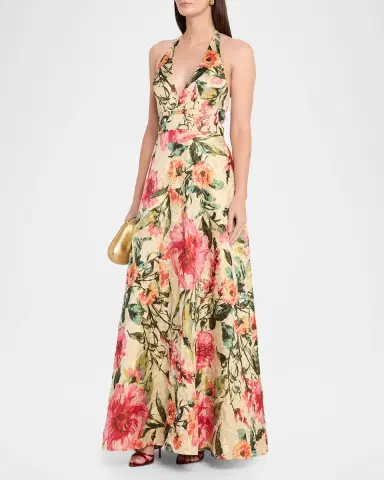 Aidan Mattox Floral Jacquard Plunging Halter Gown | Thumbnail 4 Aidan Mattox Floral Jacquard Plunging Halter Gown | Thumbnail 4