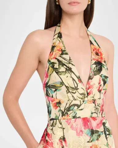 Aidan Mattox Floral Jacquard Plunging Halter Gown | Thumbnail 5 Aidan Mattox Floral Jacquard Plunging Halter Gown | Thumbnail 5