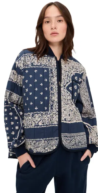 The Great. THE GREAT. The Quilted Bomber Jacket Navy Bandana Print 2 | Thumbnail 1 The Great. THE GREAT. The Quilted Bomber Jacket Navy Bandana Print 2 | Thumbnail 1