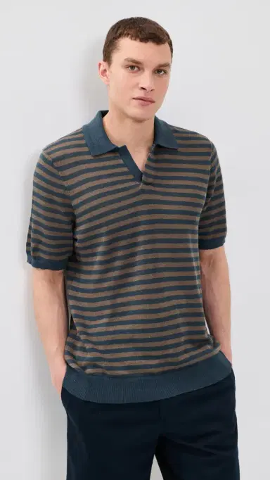 Faherty Linen Sweater Polo Top Navy Cedar tripe | Thumbnail 2 Faherty Linen Sweater Polo Top Navy Cedar tripe | Thumbnail 2