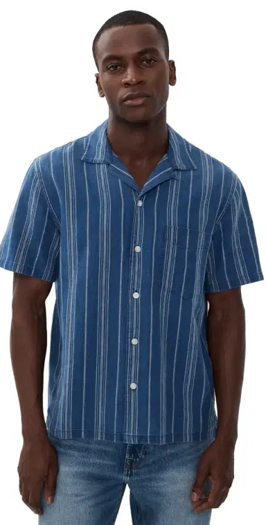 Madewell Short Sleeve Indigo Novelty Shirt Neal tripe | Thumbnail 1 Madewell Short Sleeve Indigo Novelty Shirt Neal tripe | Thumbnail 1