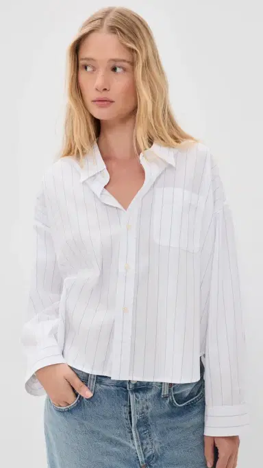 Denimist Bailey Cropped Button Down Shirt Light Blue Wide Pinstripe | Thumbnail 2 Denimist Bailey Cropped Button Down Shirt Light Blue Wide Pinstripe | Thumbnail 2
