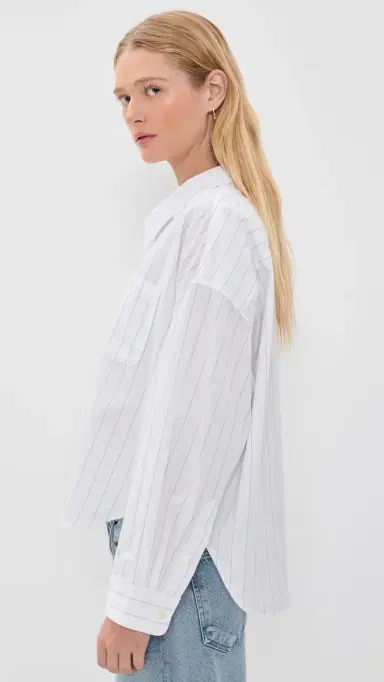Denimist Bailey Cropped Button Down Shirt Light Blue Wide Pinstripe | Thumbnail 4 Denimist Bailey Cropped Button Down Shirt Light Blue Wide Pinstripe | Thumbnail 4