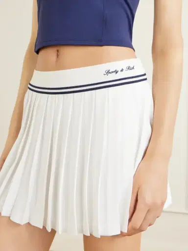 Sporty & Rich Abigail Pleated Embroidered Striped Crepe De Chine Mini Skirt | Thumbnail 5 Sporty & Rich Abigail Pleated Embroidered Striped Crepe De Chine Mini Skirt | Thumbnail 5
