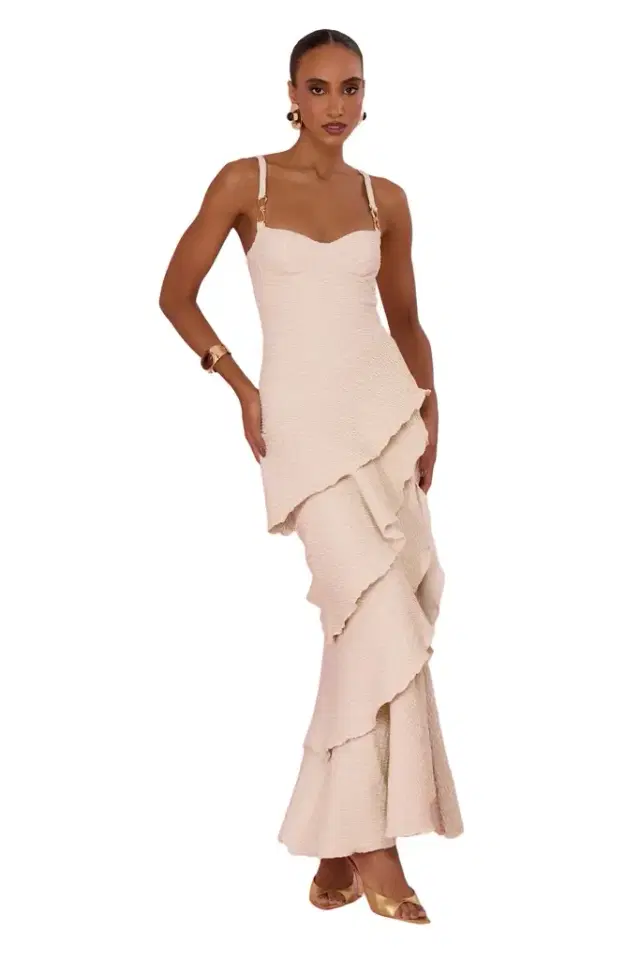 GOLDEN KNIT RUFFLE MAXI DRESS GOLDEN KNIT RUFFLE MAXI DRESS