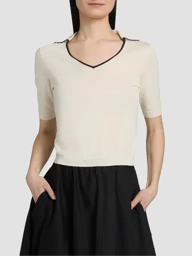 Vince Women's Tipped Cotton-Cashmere Knit Polo Top - Off White Ink | Thumbnail 3 Vince Women's Tipped Cotton-Cashmere Knit Polo Top - Off White Ink | Thumbnail 3