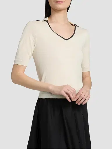 Vince Women's Tipped Cotton-Cashmere Knit Polo Top - Off White Ink | Thumbnail 4 Vince Women's Tipped Cotton-Cashmere Knit Polo Top - Off White Ink | Thumbnail 4