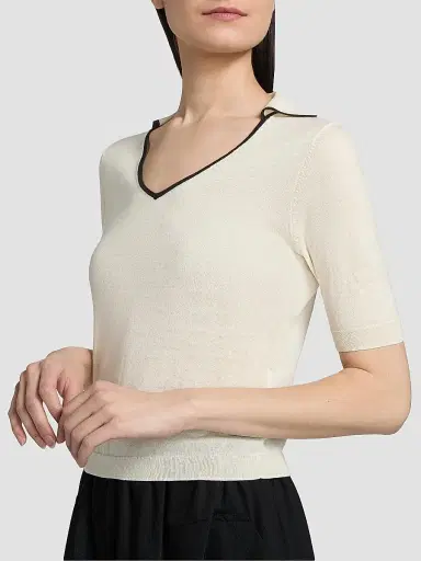 Vince Women's Tipped Cotton-Cashmere Knit Polo Top - Off White Ink | Thumbnail 6 Vince Women's Tipped Cotton-Cashmere Knit Polo Top - Off White Ink | Thumbnail 6