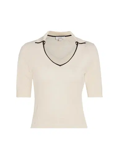 Vince Women's Tipped Cotton-Cashmere Knit Polo Top - Off White Ink | Thumbnail 1 Vince Women's Tipped Cotton-Cashmere Knit Polo Top - Off White Ink | Thumbnail 1