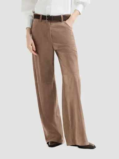Brunello Cucinelli Women's Suede Baggy Trousers with Monili | Thumbnail 2 Brunello Cucinelli Women's Suede Baggy Trousers with Monili | Thumbnail 2