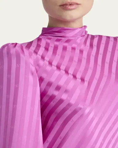 Valentino Garavani V-Logo Striped Silk Puff-Sleeve Shift Dress | Thumbnail 5 Valentino Garavani V-Logo Striped Silk Puff-Sleeve Shift Dress | Thumbnail 5