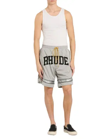 Rhude Men's Baggy Mesh Collegiate Logo Drawstring Shorts | Thumbnail 1 Rhude Men's Baggy Mesh Collegiate Logo Drawstring Shorts | Thumbnail 1