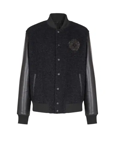 Balmain Varsity tweed and faux leather jacket | Thumbnail 1 Balmain Varsity tweed and faux leather jacket | Thumbnail 1