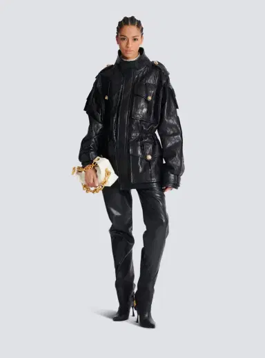 Balmain Lambskin leather parka with topstitched Diamond pattern | Thumbnail 2 Balmain Lambskin leather parka with topstitched Diamond pattern | Thumbnail 2