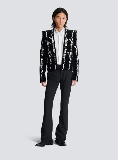 Balmain Cropped velvet jacket with all-over "Love Letter" embroidery | Thumbnail 2 Balmain Cropped velvet jacket with all-over "Love Letter" embroidery | Thumbnail 2
