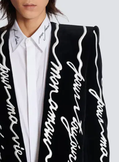 Balmain Cropped velvet jacket with all-over "Love Letter" embroidery | Thumbnail 5 Balmain Cropped velvet jacket with all-over "Love Letter" embroidery | Thumbnail 5