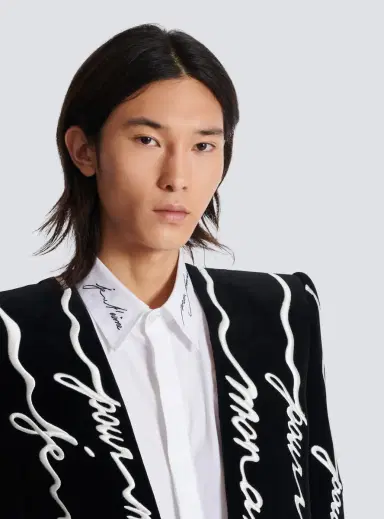 Balmain Cropped velvet jacket with all-over "Love Letter" embroidery | Thumbnail 7 Balmain Cropped velvet jacket with all-over "Love Letter" embroidery | Thumbnail 7