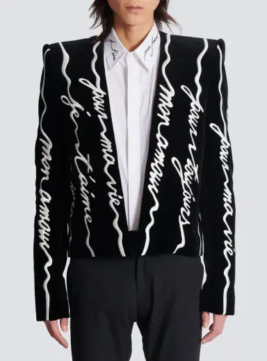 Balmain Cropped velvet jacket with all-over "Love Letter" embroidery | Thumbnail 8 Balmain Cropped velvet jacket with all-over "Love Letter" embroidery | Thumbnail 8