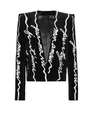 Balmain Cropped velvet jacket with all-over "Love Letter" embroidery | Thumbnail 1 Balmain Cropped velvet jacket with all-over "Love Letter" embroidery | Thumbnail 1