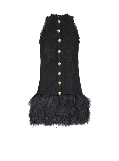 Balmain Flowing lace and feather dress | Thumbnail 1 Balmain Flowing lace and feather dress | Thumbnail 1