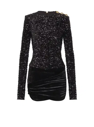 Balmain Short draped dress with sequins and velvet | Thumbnail 1 Balmain Short draped dress with sequins and velvet | Thumbnail 1