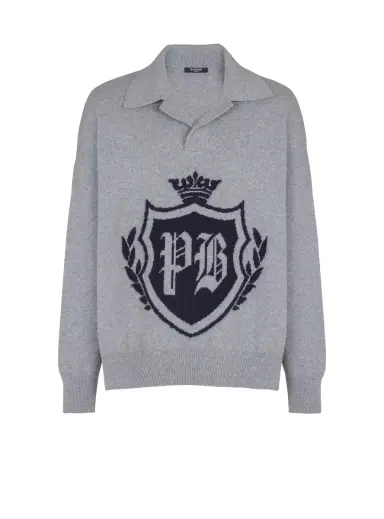 Balmain College Emblem polo sweater in eco-cashmere | Thumbnail 1 Balmain College Emblem polo sweater in eco-cashmere | Thumbnail 1