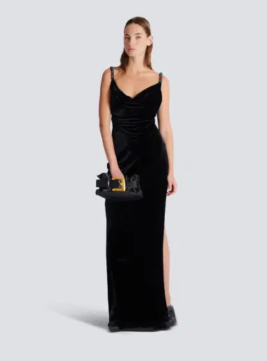 Balmain Long velvet dress with embellished straps | Thumbnail 2 Balmain Long velvet dress with embellished straps | Thumbnail 2