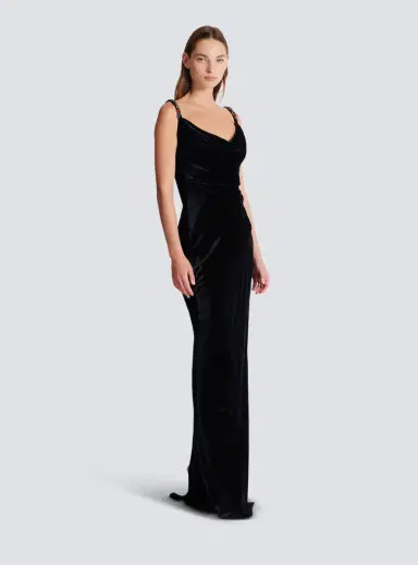 Balmain Long velvet dress with embellished straps | Thumbnail 3 Balmain Long velvet dress with embellished straps | Thumbnail 3
