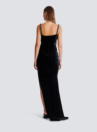 Balmain Long velvet dress with embellished straps | Thumbnail 4 Balmain Long velvet dress with embellished straps | Thumbnail 4