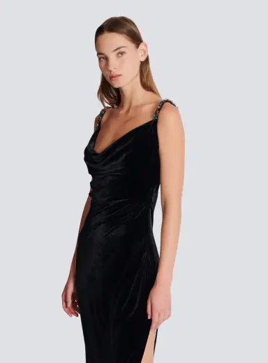 Balmain Long velvet dress with embellished straps | Thumbnail 5 Balmain Long velvet dress with embellished straps | Thumbnail 5