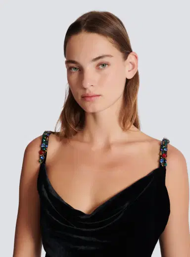 Balmain Long velvet dress with embellished straps | Thumbnail 6 Balmain Long velvet dress with embellished straps | Thumbnail 6
