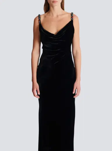 Balmain Long velvet dress with embellished straps | Thumbnail 7 Balmain Long velvet dress with embellished straps | Thumbnail 7