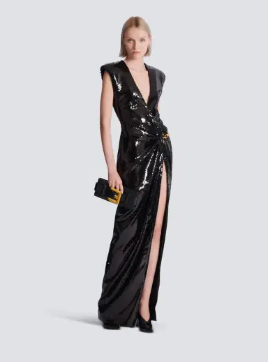 Balmain Long draped sequin dress with embellished detail | Thumbnail 2 Balmain Long draped sequin dress with embellished detail | Thumbnail 2