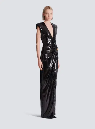Balmain Long draped sequin dress with embellished detail | Thumbnail 3 Balmain Long draped sequin dress with embellished detail | Thumbnail 3