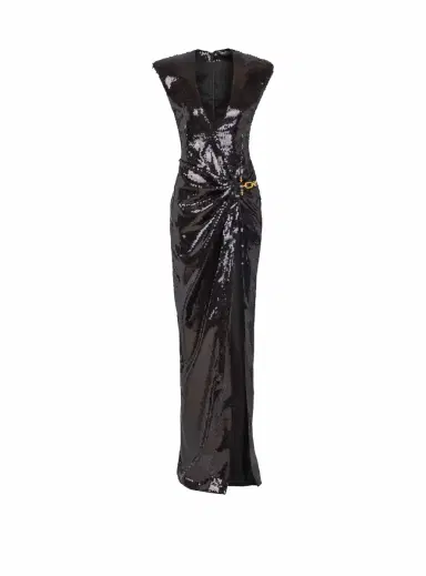 Balmain Long draped sequin dress with embellished detail | Thumbnail 1 Balmain Long draped sequin dress with embellished detail | Thumbnail 1