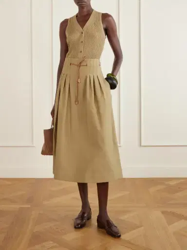 Max Mara Mxmtempio Belted Pleated Leather-trimmed Cotton Midi Skirt | Thumbnail 2 Max Mara Mxmtempio Belted Pleated Leather-trimmed Cotton Midi Skirt | Thumbnail 2