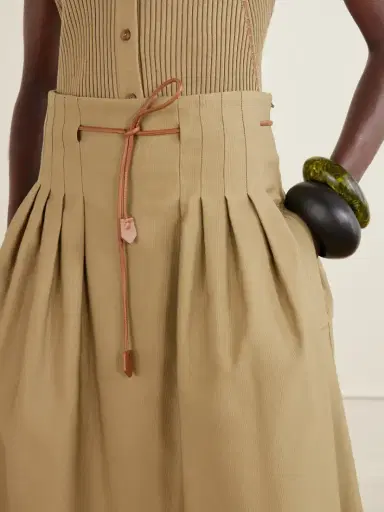 Max Mara Mxmtempio Belted Pleated Leather-trimmed Cotton Midi Skirt | Thumbnail 4 Max Mara Mxmtempio Belted Pleated Leather-trimmed Cotton Midi Skirt | Thumbnail 4