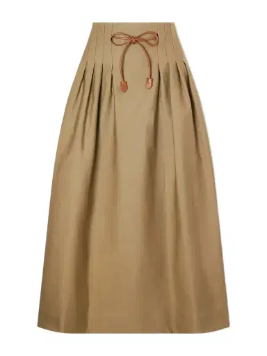 Max Mara Mxmtempio Belted Pleated Leather-trimmed Cotton Midi Skirt | Thumbnail 1 Max Mara Mxmtempio Belted Pleated Leather-trimmed Cotton Midi Skirt | Thumbnail 1