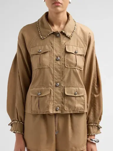 Cinq à Sept Women's Adami Rhinestone Chain Utility Jacket - Brown Sandstone - Size XL | Thumbnail 5 Cinq à Sept Women's Adami Rhinestone Chain Utility Jacket - Brown Sandstone - Size XL | Thumbnail 5