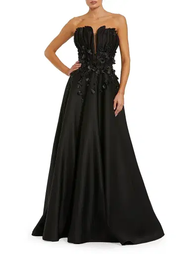 Mac Duggal Women's Petite Satin Floral Beaded Strapless Gown - Black Petite 12 | Thumbnail 1 Mac Duggal Women's Petite Satin Floral Beaded Strapless Gown - Black Petite 12 | Thumbnail 1