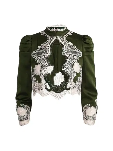 Alice + Olivia Women's Thomasina Lace-Trim Crop Jacket - Dark Fern - Size XL | Thumbnail 1 Alice + Olivia Women's Thomasina Lace-Trim Crop Jacket - Dark Fern - Size XL | Thumbnail 1