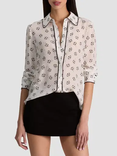 ALICE + OLIVIA Women's Willa Soccer-Print Silk Shirt - Gold Off White | Thumbnail 4 ALICE + OLIVIA Women's Willa Soccer-Print Silk Shirt - Gold Off White | Thumbnail 4