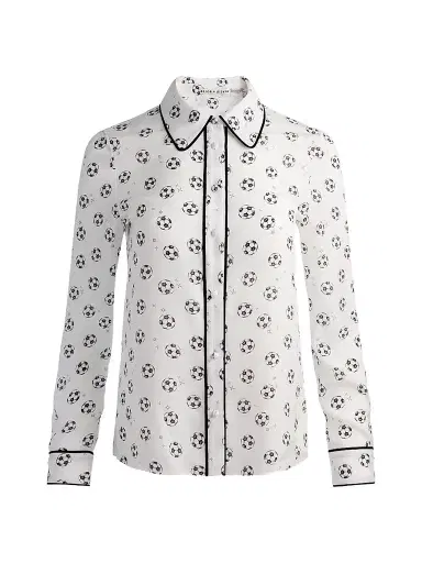 ALICE + OLIVIA Women's Willa Soccer-Print Silk Shirt - Gold Off White | Thumbnail 1 ALICE + OLIVIA Women's Willa Soccer-Print Silk Shirt - Gold Off White | Thumbnail 1
